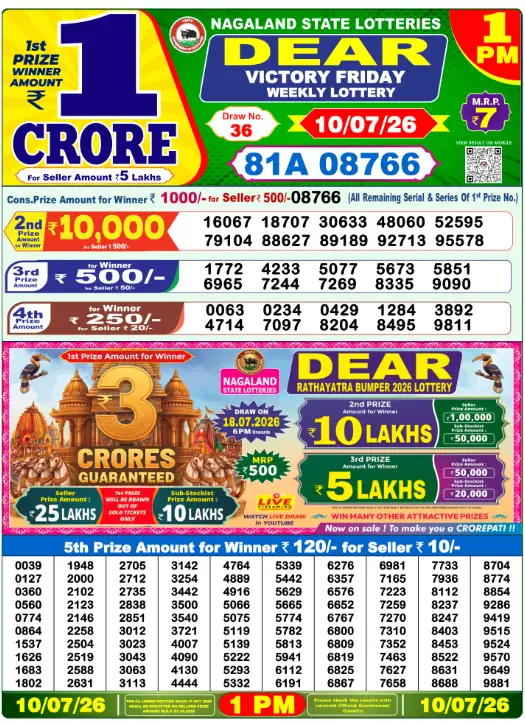 Dear Lottery 1PM Result 10-07-26 July 10, 2026