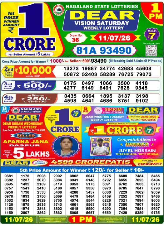 Dear Lottery 1PM Result 11-07-26 July 11, 2026