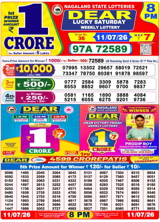 Dear Lottery 8PM Result 11-07-26 July 11, 2026