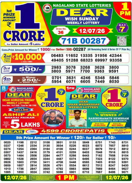 Dear Lottery 1PM Result 12-07-26 July 12, 2026