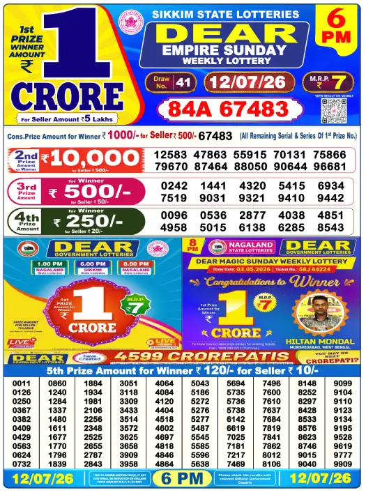 Dear Lottery 6PM Result 13-07-26 July 13, 2026