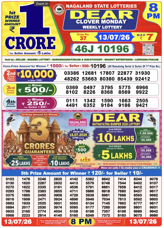 Dear Lottery 8PM Result 13-07-26 July 13, 2026