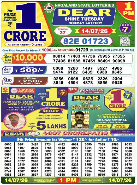 Dear Lottery 1PM Result 14-07-26 July 14, 2026