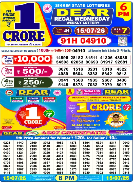 Dear Lottery 6PM Result 15-07-26 July 15, 2026