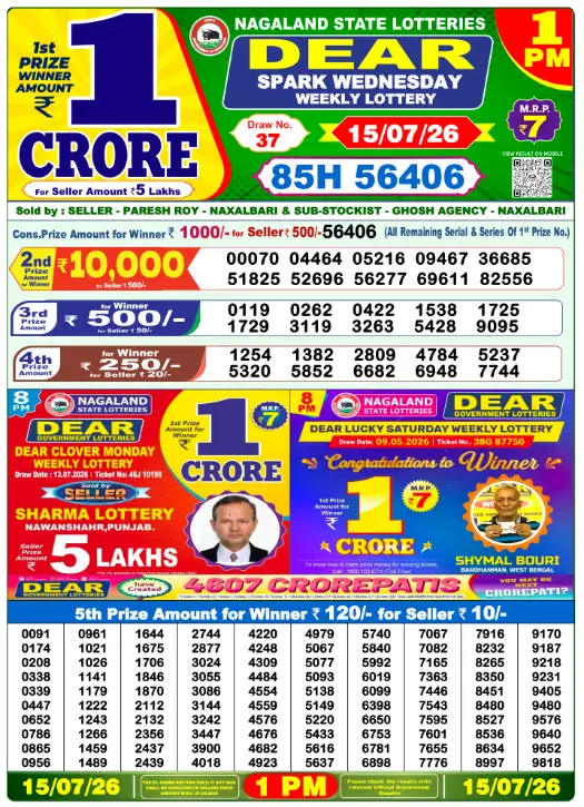 Dear Lottery 1PM Result 15-07-26 July 15, 2026