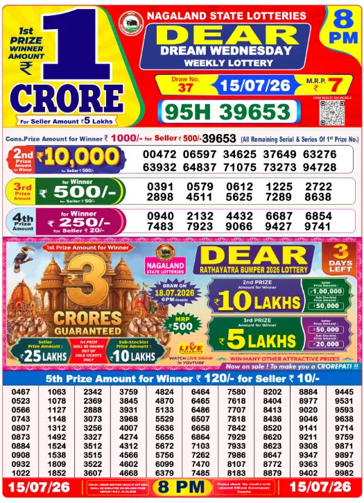Dear Lottery 8PM Result 15-07-26 July 15, 2026