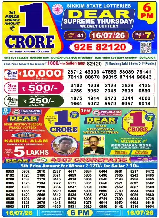 Dear Lottery 6PM Result 16-07-26 July 16, 2026