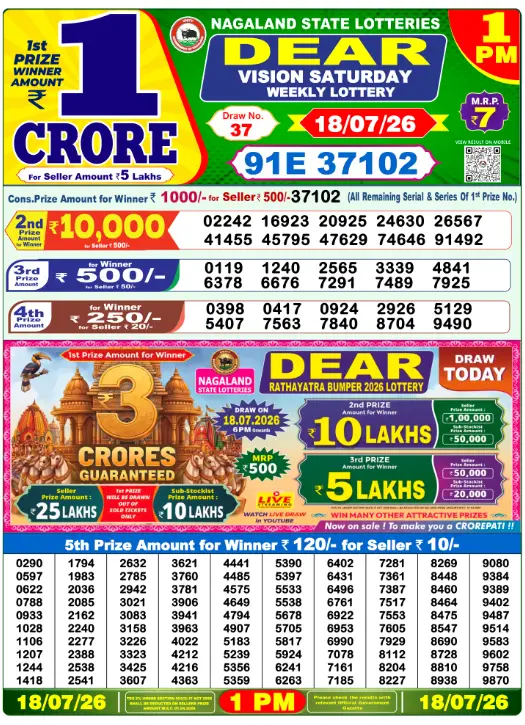 Dear Lottery 1PM Result 18-07-26 July 18, 2026