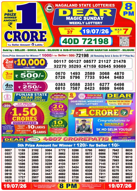 Dear Lottery 8PM Result 19-07-26 July 19, 2026