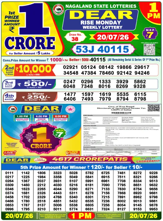 Dear Lottery 1PM Result 20-07-26 July 20, 2026