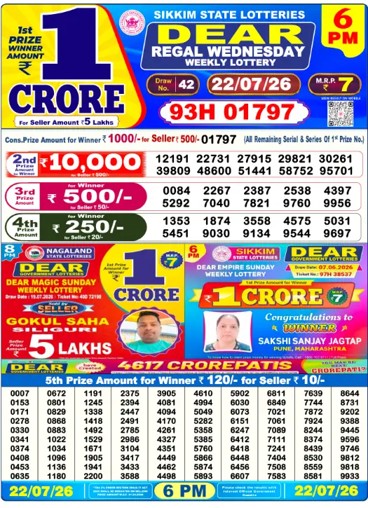 Dear Lottery 6PM Result 22-07-26 July 22, 2026
