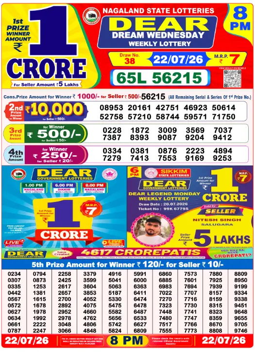 Dear Lottery 8PM Result 22-07-26 July 22, 2026