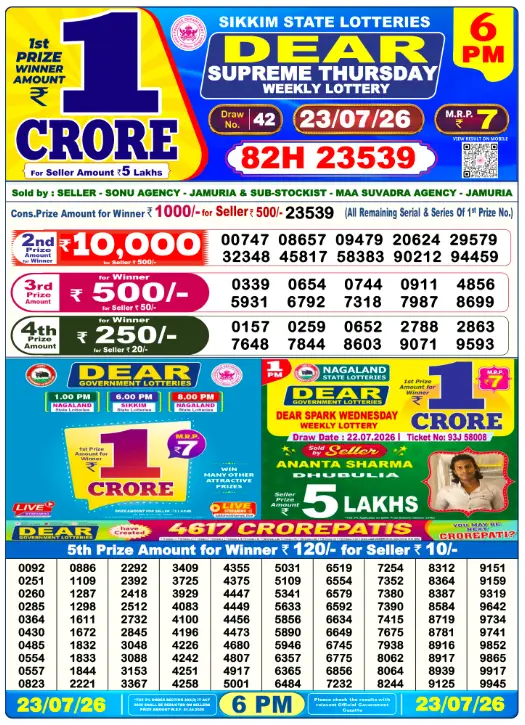 Dear Lottery 6PM Result 23-07-26 July 23, 2026