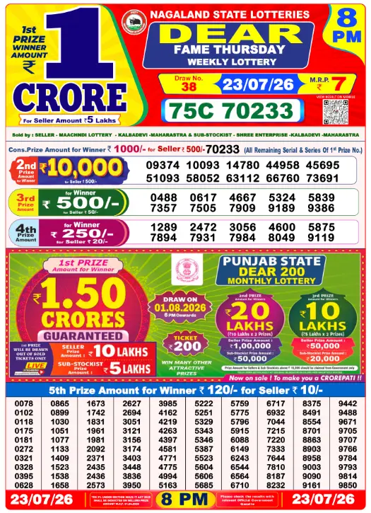 Dear Lottery 8PM Result 23-07-26 July 23, 2026