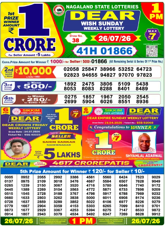 Dear Lottery 1PM Result 26-07-26 July 26, 2026