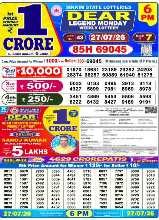 Dear Lottery 6PM Result 27-07-26 July 27, 2026