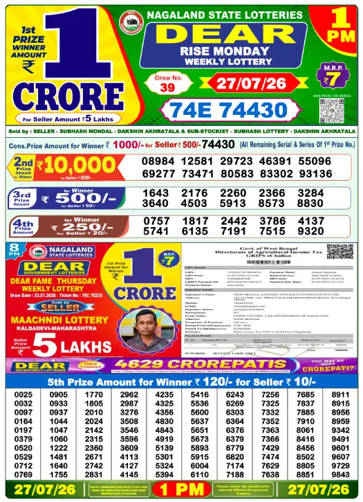 Dear Lottery 1PM Result 27-07-26 July 27, 2026