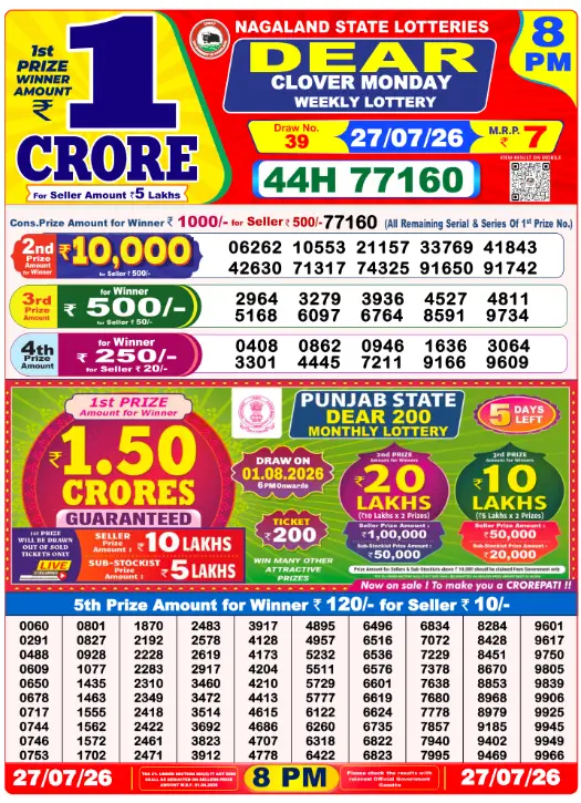 Dear Lottery 8PM Result 27-07-26 July 27, 2026