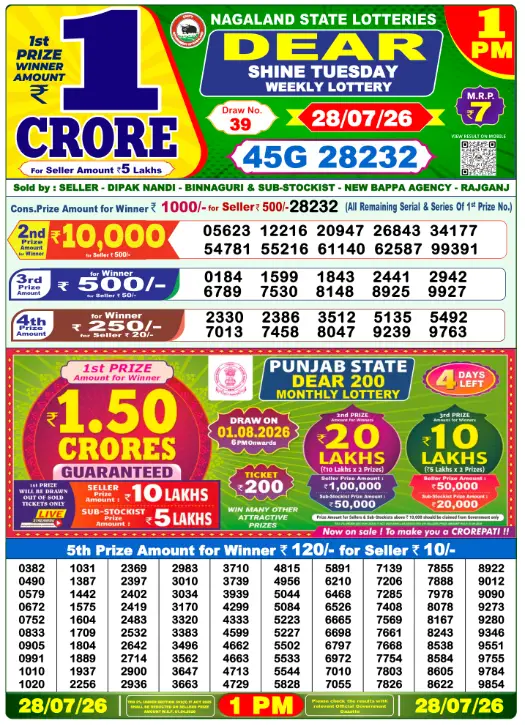 Dear Lottery 1PM Result 28-07-26 July 28, 2026