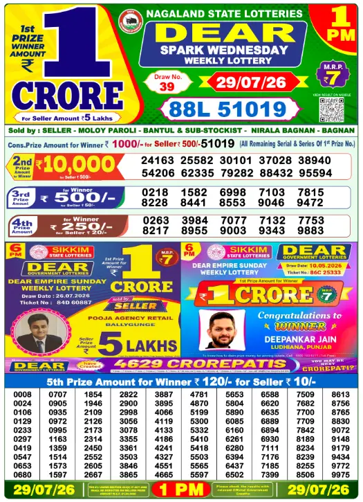 Dear Lottery 1PM Result 29-07-26 July 29, 2026